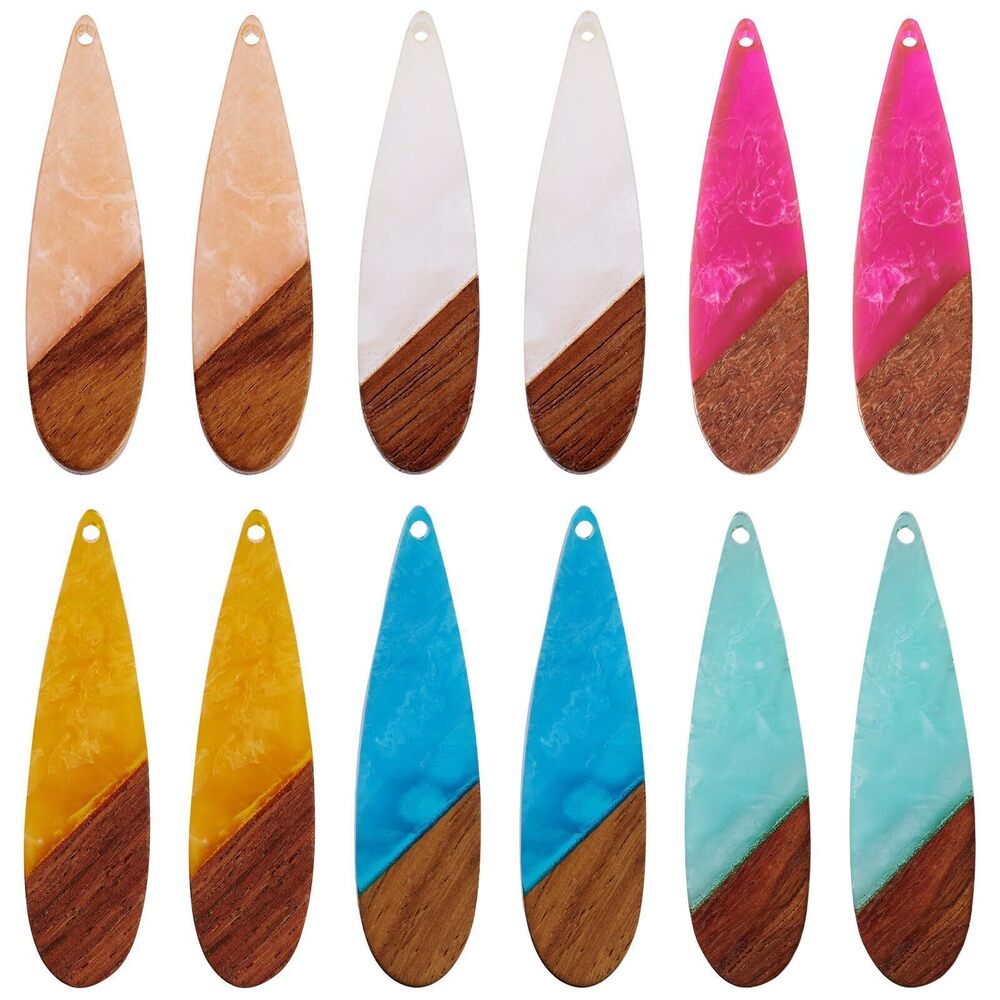 1240 12Pcs Teardrop Earring Charms Resin Walnut Wood Large Pendants Hang